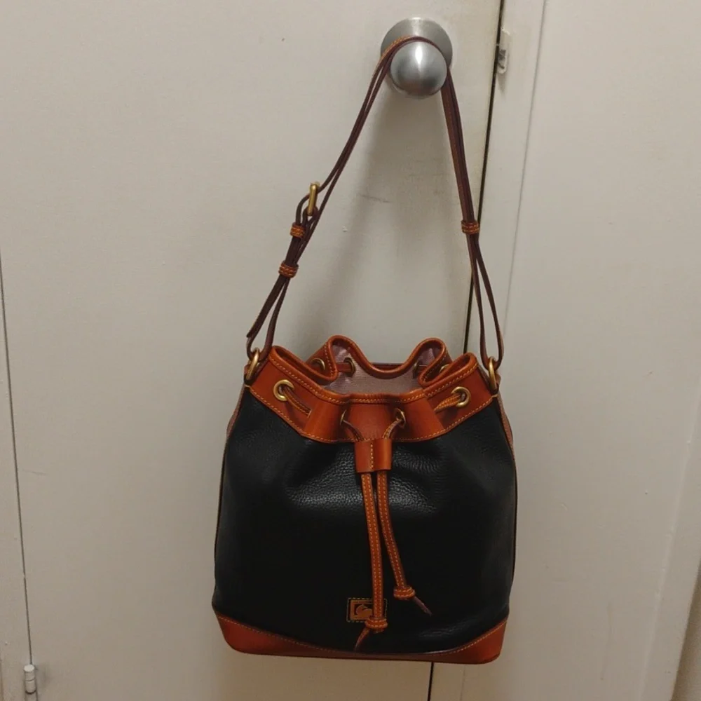 Dooney&burke Black and Brown Leather Bucket Drawstring Bag - Picture 5 of 6